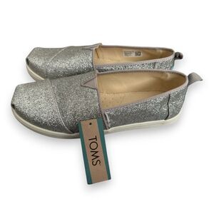 TOMS Girls Alpargata Espadrille Slip-On Silver Glitter Shoes Size 5 NWT